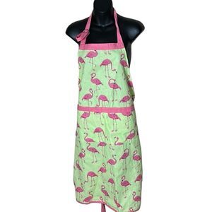 Handmade apron green w pink flamingo print front pockets belted top tie back